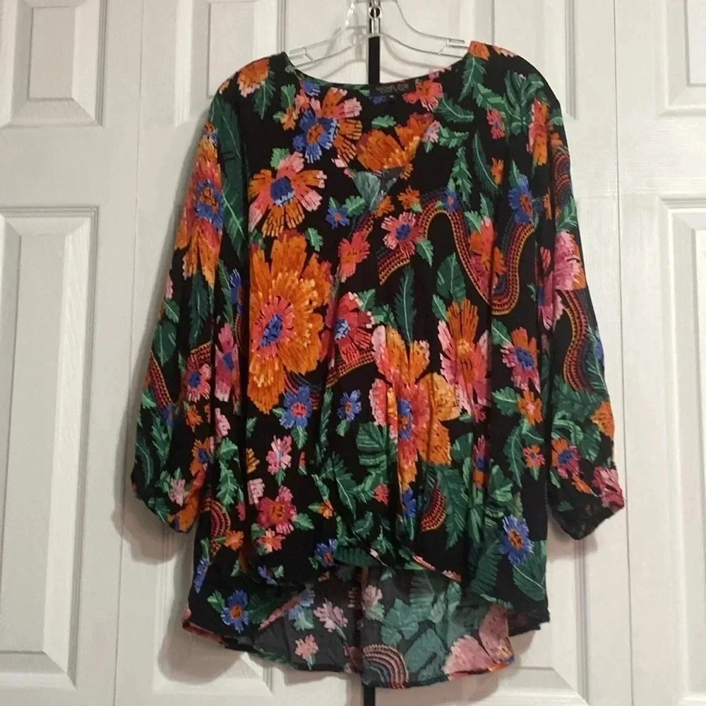 Rachel Zoe black floral top blouse shirt 3X